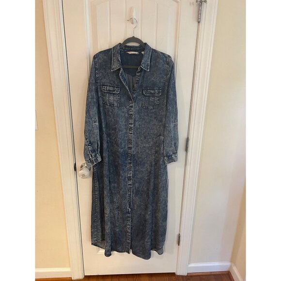 Soft Surroundings Acid Wash Button Roll Sleeve Maxi Dress Sz Large - Picture 2 of 7